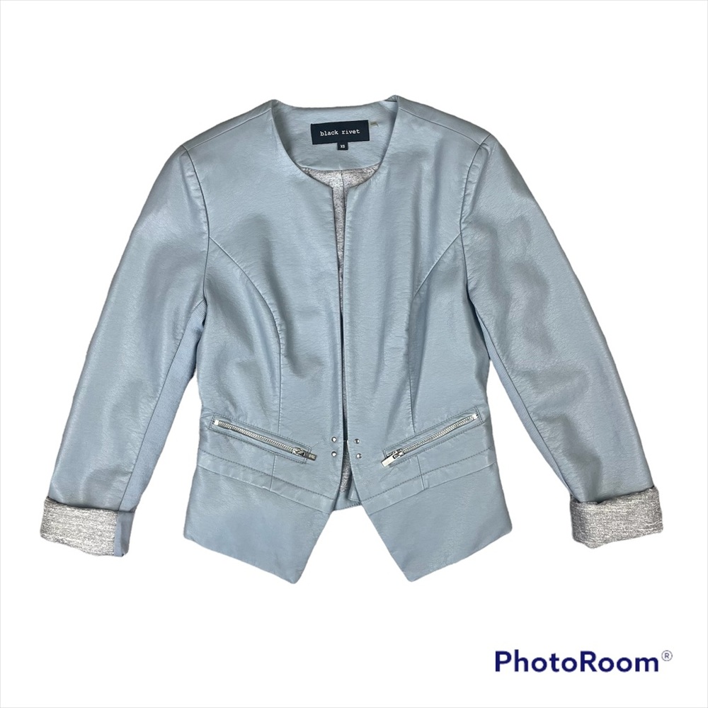 Black Rivet Women’s Size XS Blue Grey Faux Leather Jacket w/ Metal Clasp Closure
